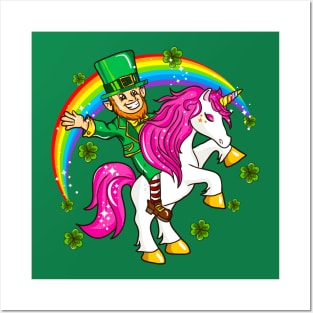 St Patricks Day Leprechaun Riding Unicorn Posters and Art